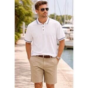 Carlyle Men's Polo Shirt Size L White S/S Blue Trim 3-Button vintage golf preppy